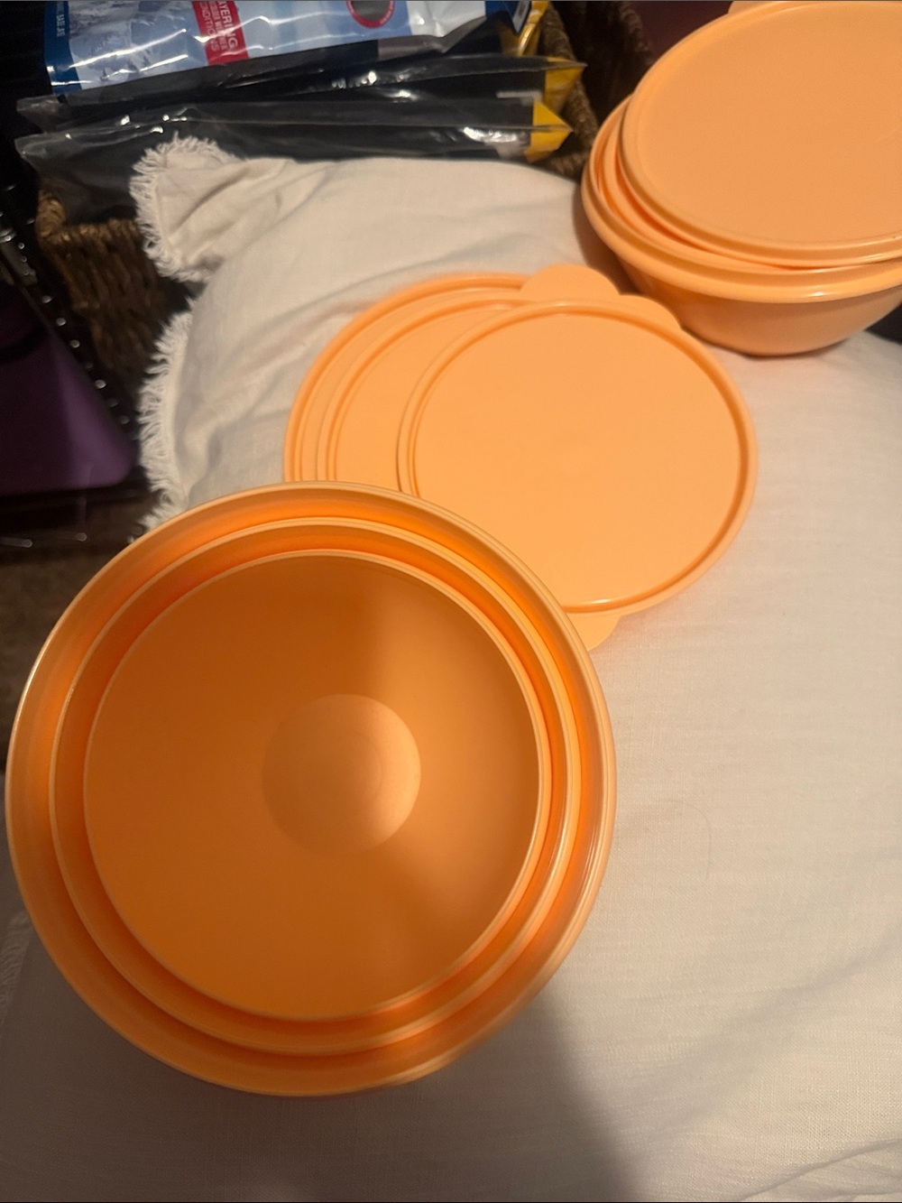 Tupperware Wonderlier Set of Orange Plastic Food Storage Bowls with Lids